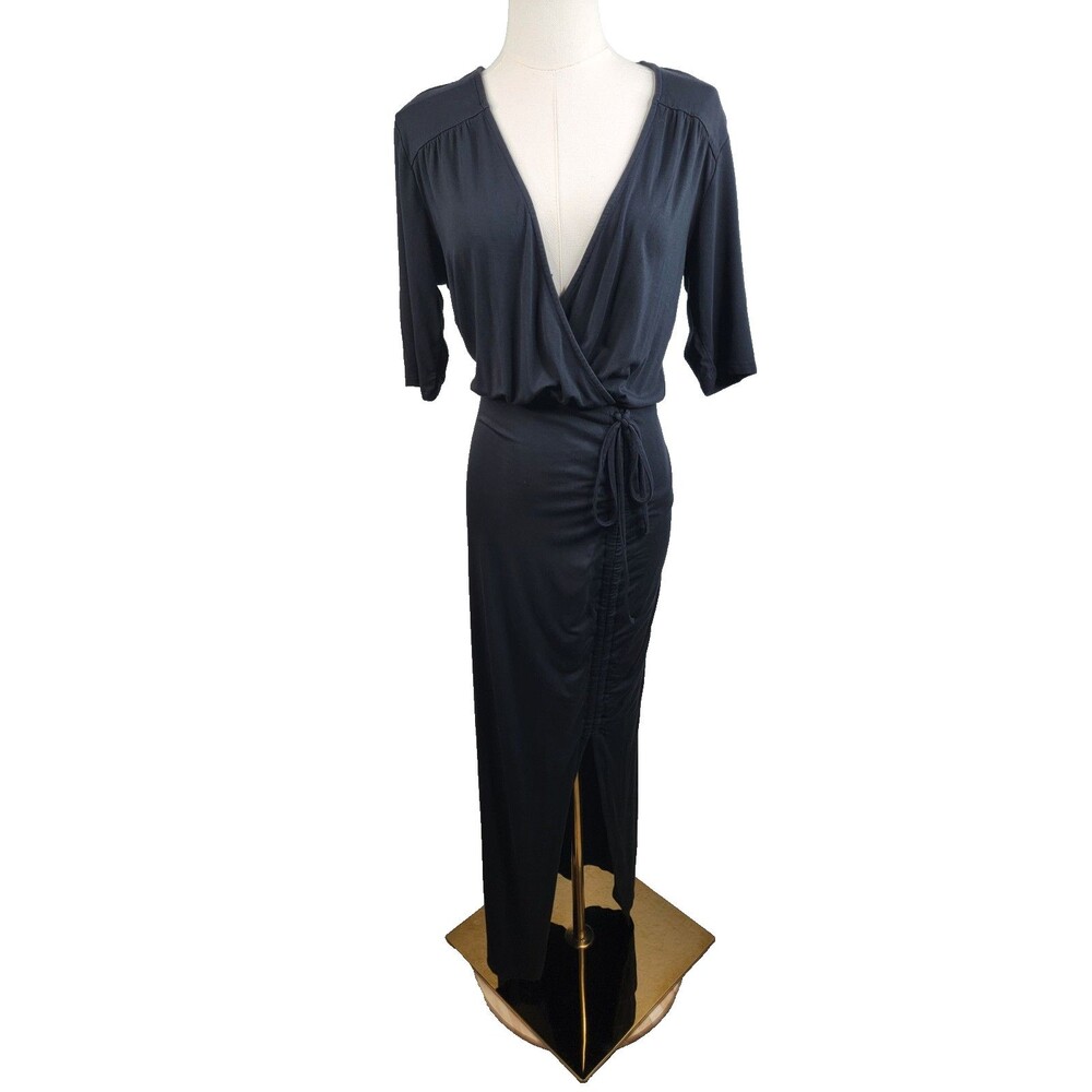 Veronica Beard Mariposa Black Wrap Ruched Detailing V-Neck Midi Dress Size Small